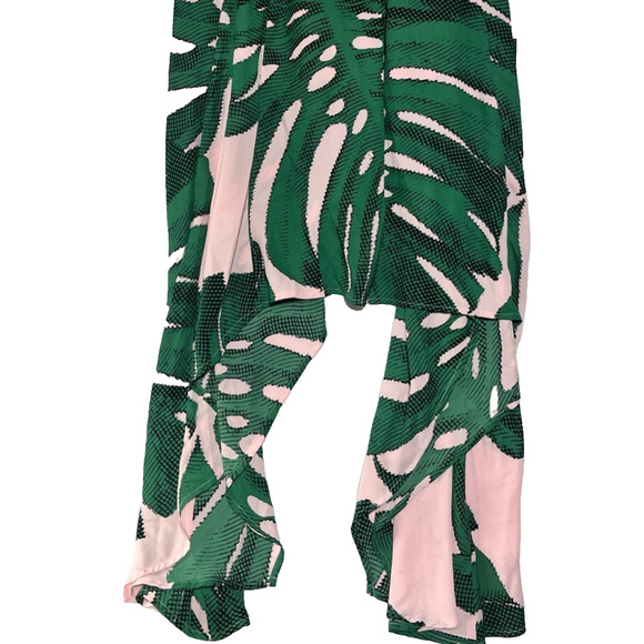 Express Asymmetrical Midi Dress 4 Pink Green Palm Print Strappy Back Sundress - Picture 6 of 12